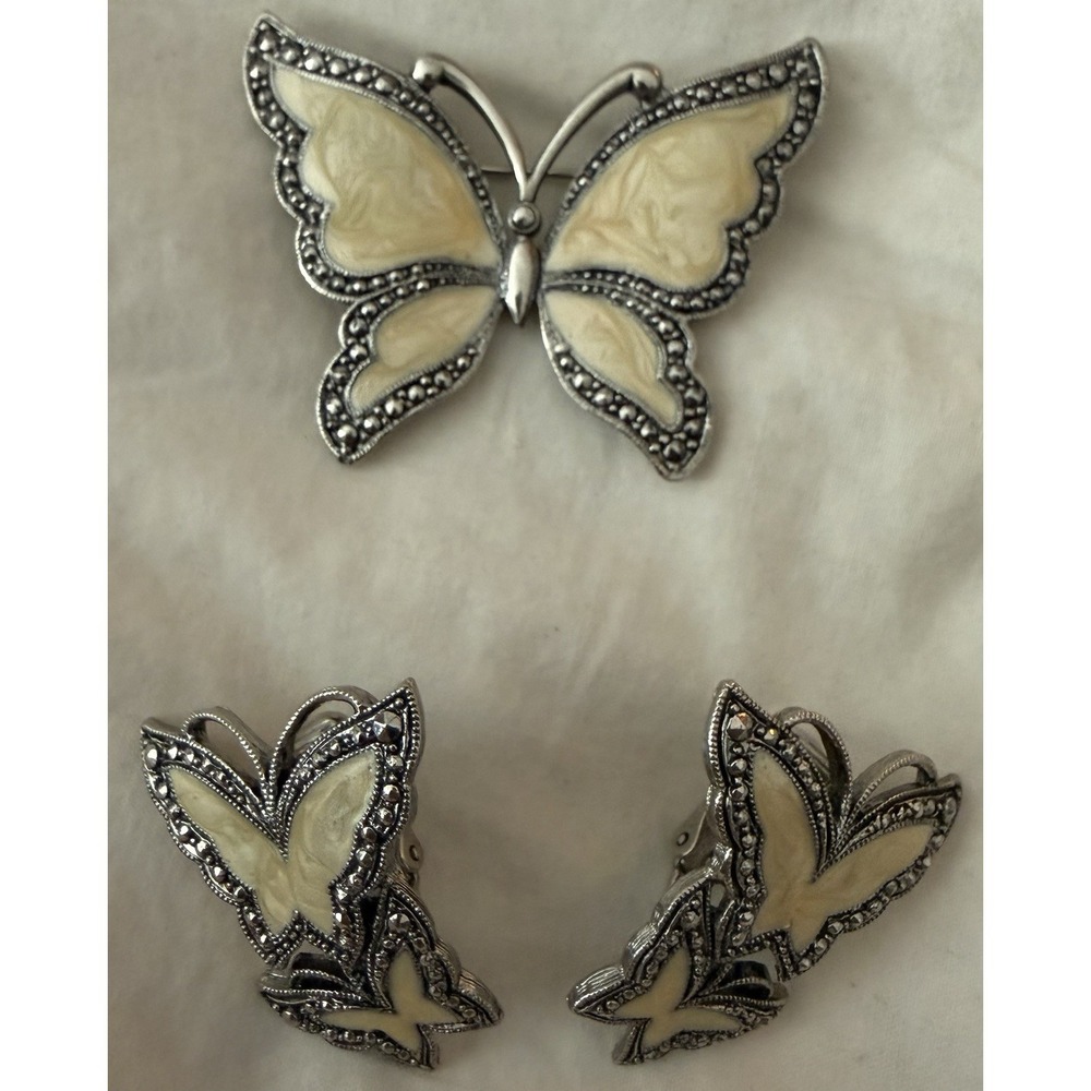 Vtg Faux Marcasite Silver Tone Enamel Butterfly Brooch Pin Clip On Earrings Set